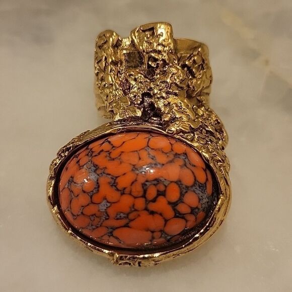 Yves Saint Laurent YSL 5 Arty Orange Coral Cabochon Limited RARE 24k Gold Ring - Picture 3 of 14